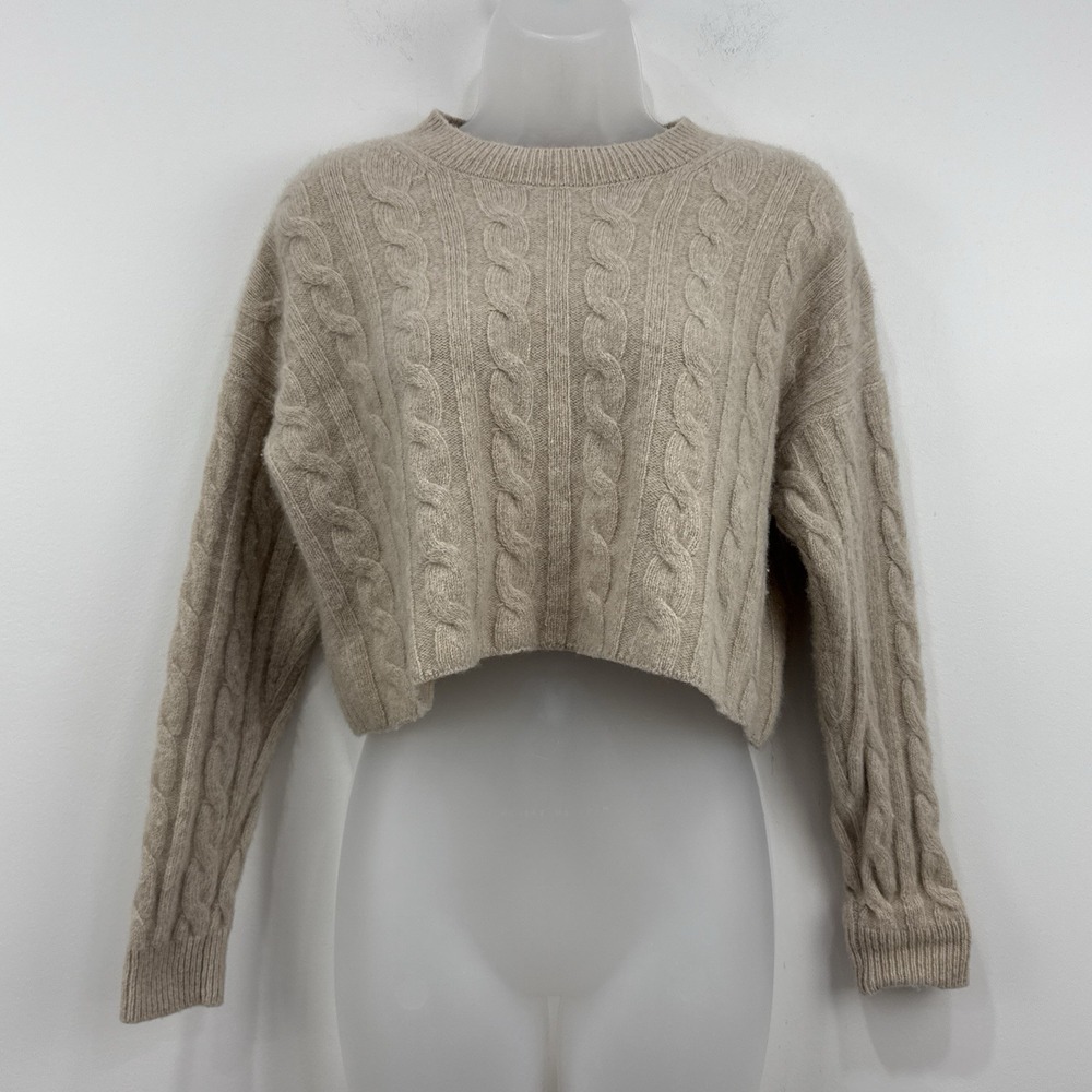 Madewell Cashmere Wool Cableknit Crop Sweater XS Brown Quiet Luxury Preppy